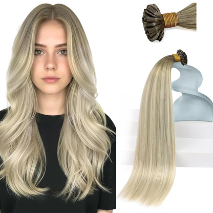 U Tip Hair Extensions Human Hair Ash Blonde Balayage Keratin Tips Soft, Platinum Blonde Highlights, Natural Blend, Great for Party Wear and Special Events, 50g