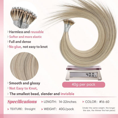 Remy-Hair Nano Bead Hair Extensions Human Hair 18Inch 40g/pack Nano Ring Hair Extensions Human Hair Color #P60/16 Grey Brown Mix Blonde Long Straight Invisible for Women