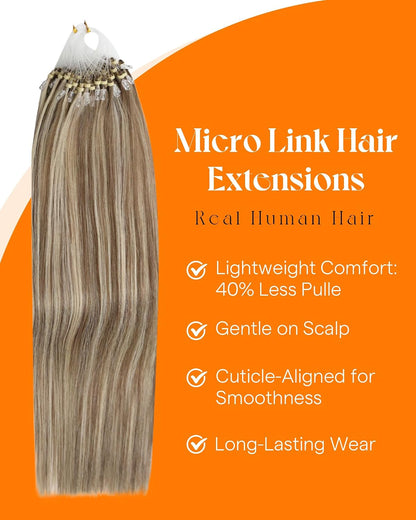 Microlink Hair Extensions Human Hair Micro Bead Brown Blonde Highlights, Soft Lightweight Feel, Adds Fullness for Wedding Receptions and Formal Gatherings, 50g