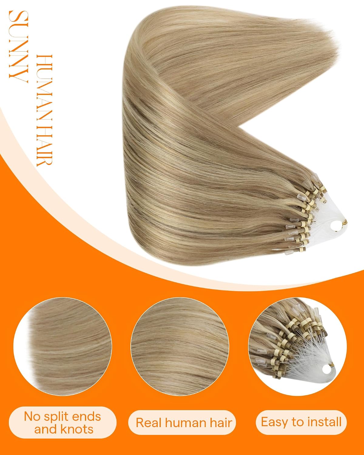 Microbead Hair Extensions Human Hair Micro Link Strands Golden Blonde, Smooth Texture, Adds Natural Volume for Evening Parties, Formal Occasions, and Celebrations, 50g