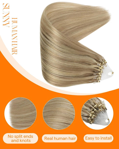 Microbead Hair Extensions Human Hair Micro Link Strands Golden Blonde, Smooth Texture, Adds Natural Volume for Evening Parties, Formal Occasions, and Celebrations, 50g