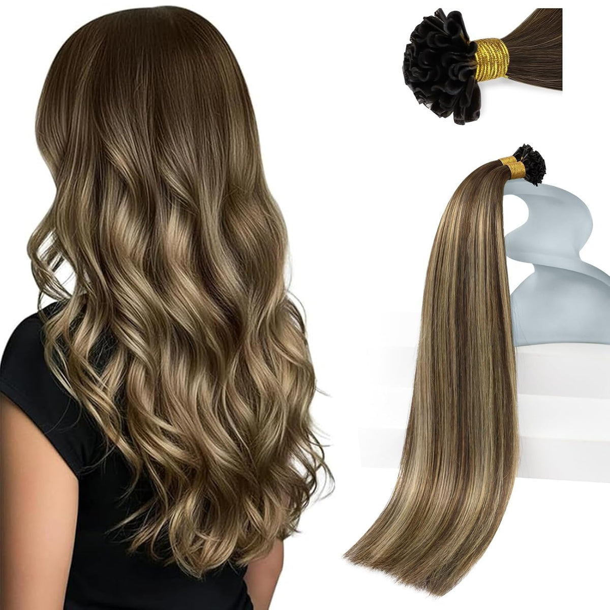 U Tip Hair Extensions Human Hair Dark Brown Caramel Balayage Keratin Tips, Natural Blend, Soft Texture, Achieves Natural Look for Daily Wear and Events, 50g Visit the Hair Store