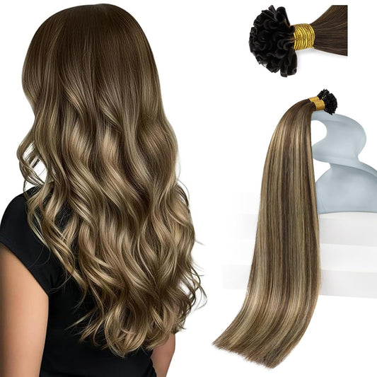 U Tip Hair Extensions Human Hair Dark Brown Caramel Balayage Keratin Tips, Natural Blend, Soft Texture, Achieves Natural Look for Daily Wear and Events, 50g Visit the Hair Store