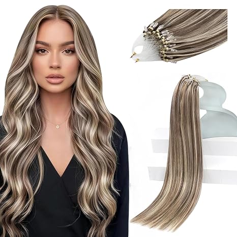 Microlink Hair Extensions Human Hair Micro Bead Brown Blonde Highlights, Soft Lightweight Feel, Adds Fullness for Wedding Receptions and Formal Gatherings, 50g