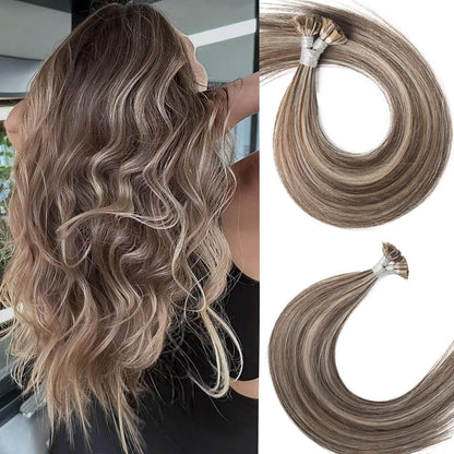 Remy-Hair K Tip Hair Extensions Real Human Hair 18inch 50g/pack U Tip K Tips Ktip Real Human Keratin Hair Extensions Color #P4/16 Light Blonde Mix Dark Brown