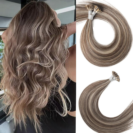 Remy-Hair K Tip Hair Extensions Real Human Hair 18inch 50g/pack U Tip K Tips Ktip Real Human Keratin Hair Extensions Color #P4/16 Light Blonde Mix Dark Brown
