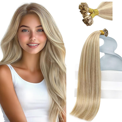 U Tip Hair Extensions Real Human Hair Soft Hot Fusion Keratin Vtips, Smooth Texture, for Event Styling and Special Occasions, Blonde Highlights, 50g