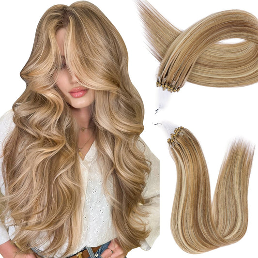Microlink Hair Extensions Human Hair #760 Brown Balayage Light Brown with Blonde 18 inch Smooth and Invisible Micro Loop Remy Hair 50g/pack Micro Link Microbead Human Hair Extensions