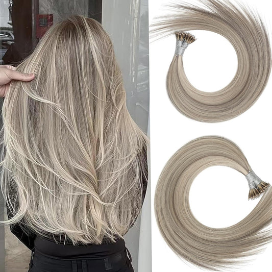 Remy-Hair Nano Bead Hair Extensions Human Hair 18Inch 40g/pack Nano Ring Hair Extensions Human Hair Color #P60/16 Grey Brown Mix Blonde Long Straight Invisible for Women