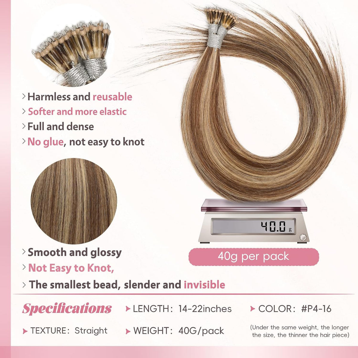 Nano Bead Hair Extensions 40g/pack Color #P4/16 Light Blonde Mix Dark Brown