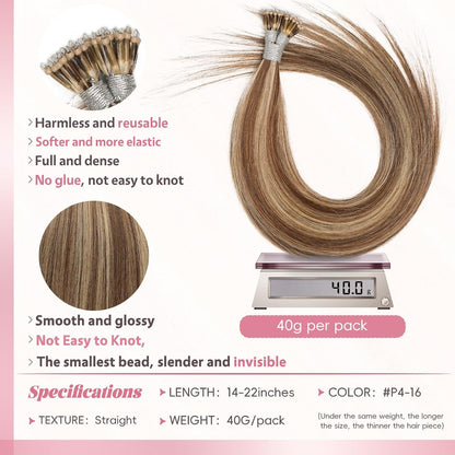 Nano Bead Hair Extensions 40g/pack Color #P4/16 Light Blonde Mix Dark Brown