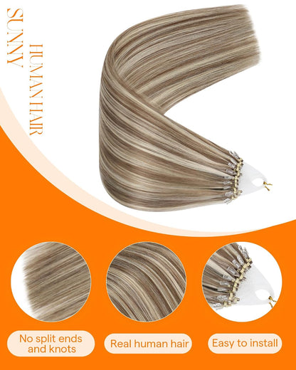 Microlink Hair Extensions Human Hair Micro Bead Brown Blonde Highlights, Soft Lightweight Feel, Adds Fullness for Wedding Receptions and Formal Gatherings, 50g