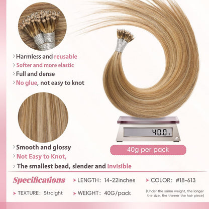Remy-Hair Nano Bead Hair Extensions Human Hair 22Inch 40g/pack Nano Ring Hair Extensions Human Hair Color #613/18 Brown Light Brown Mix Blonde Long Straight Invisible for Women