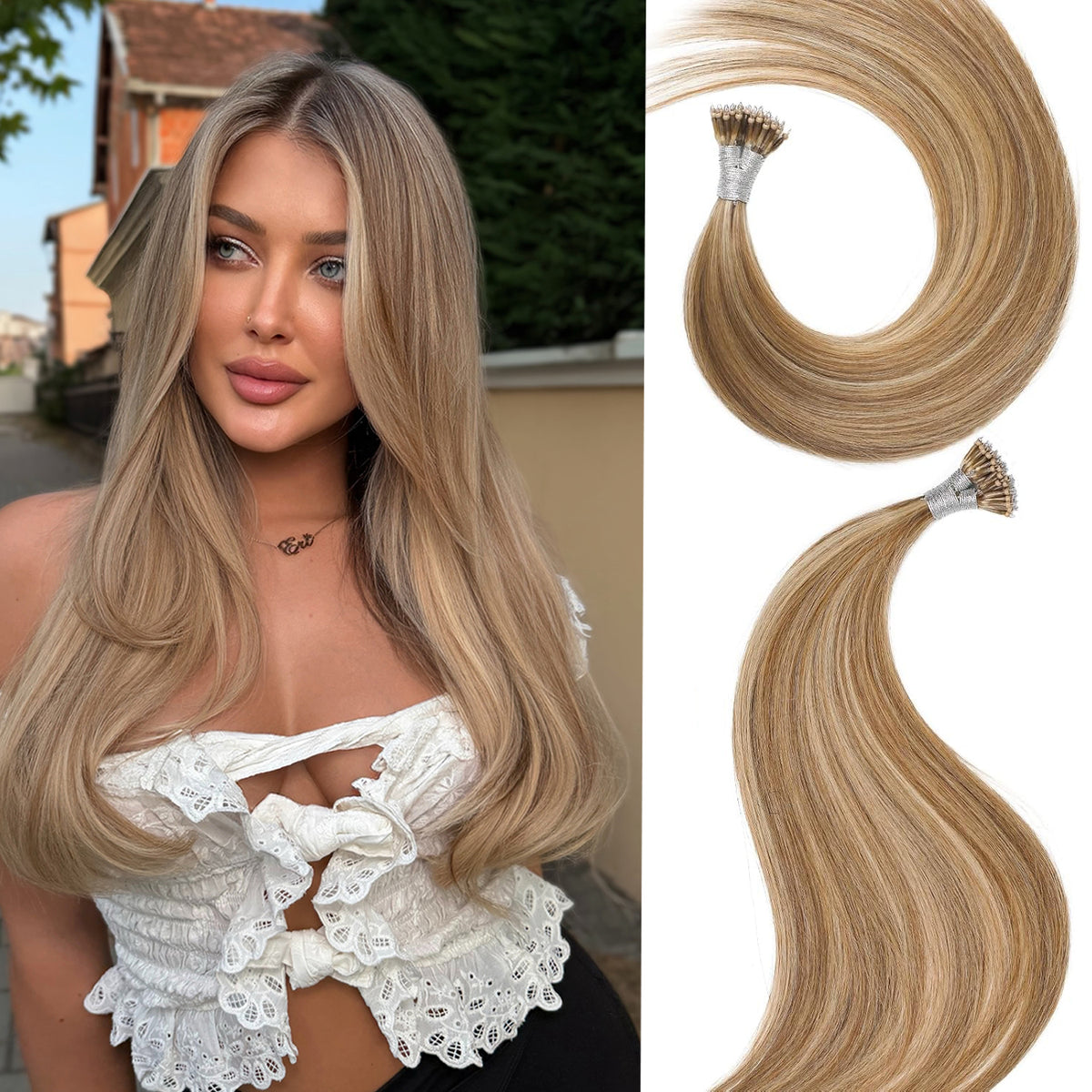 Remy-Hair Nano Bead Hair Extensions Human Hair 14Inch 40g/pack Nano Ring Hair Extensions Human Hair Color #60/7 Chocolate Brown Mix Caramel Blonde Long Straight Invisible for Women