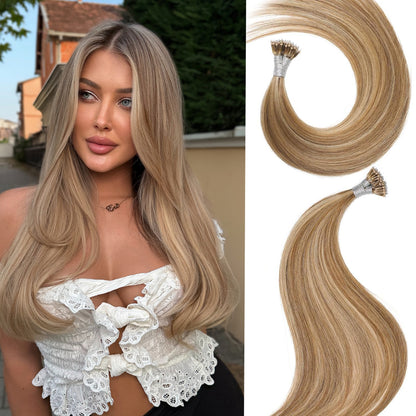 Remy-Hair Nano Bead Hair Extensions Human Hair 14Inch 40g/pack Nano Ring Hair Extensions Human Hair Color #60/7 Chocolate Brown Mix Caramel Blonde Long Straight Invisible for Women