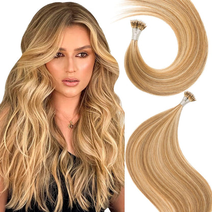 Remy-Hair Nano Bead Hair Extensions Human Hair 22Inch 40g/pack Nano Ring Hair Extensions Human Hair Color #613/18 Brown Light Brown Mix Blonde Long Straight Invisible for Women