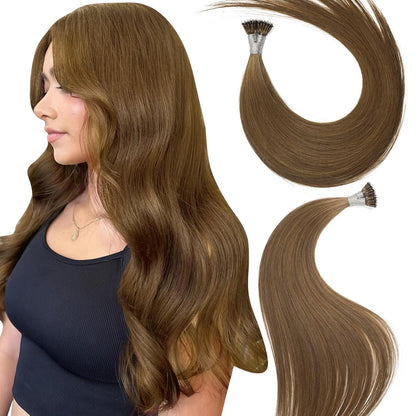 Remy-Hair Nano Bead Hair Extensions Human Hair 22Inch 40g/pack Nano Ring Hair Extensions Human Hair Color #7 Caramel Brown Long Straight Invisible for Women