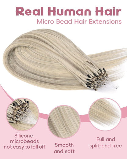 Microlink Hair Extensions Human Hair #16/60 Ash Blonde Highlighted Platinum Blonde 18 inch Smooth and Invisible Micro Loop Remy Hair 50g/pack Micro Link Microbead Human Hair Extensions