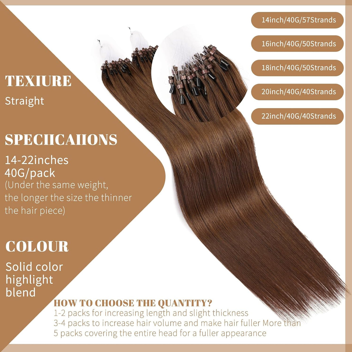 Remy-Hair Microlink Hair Extensions Human Hair Micro Bead 18inch 50g/pack Micro Link Beads Micro Loop Hair Extensions Real Human Hair Color #4 Flax Brown