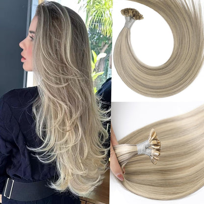 Remy-Hair K Tip Hair Extensions Real Human Hair 18inch 50g/pack U Tip K Tips Ktip Real Human Keratin Hair Extensions Color #P60/16 Grey Brown Mix Blonde
