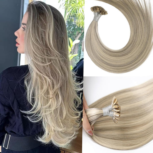 Remy-Hair K Tip Hair Extensions Real Human Hair 18inch 50g/pack U Tip K Tips Ktip Real Human Keratin Hair Extensions Color #P60/16 Grey Brown Mix Blonde