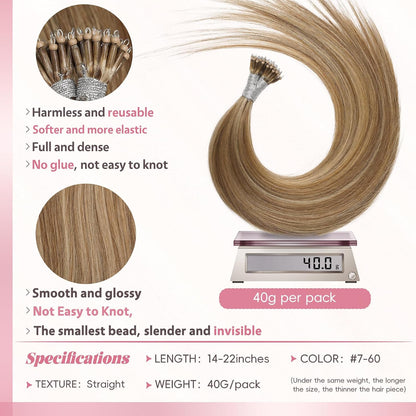 Remy-Hair Nano Bead Hair Extensions Human Hair 14Inch 40g/pack Nano Ring Hair Extensions Human Hair Color #60/7 Chocolate Brown Mix Caramel Blonde Long Straight Invisible for Women