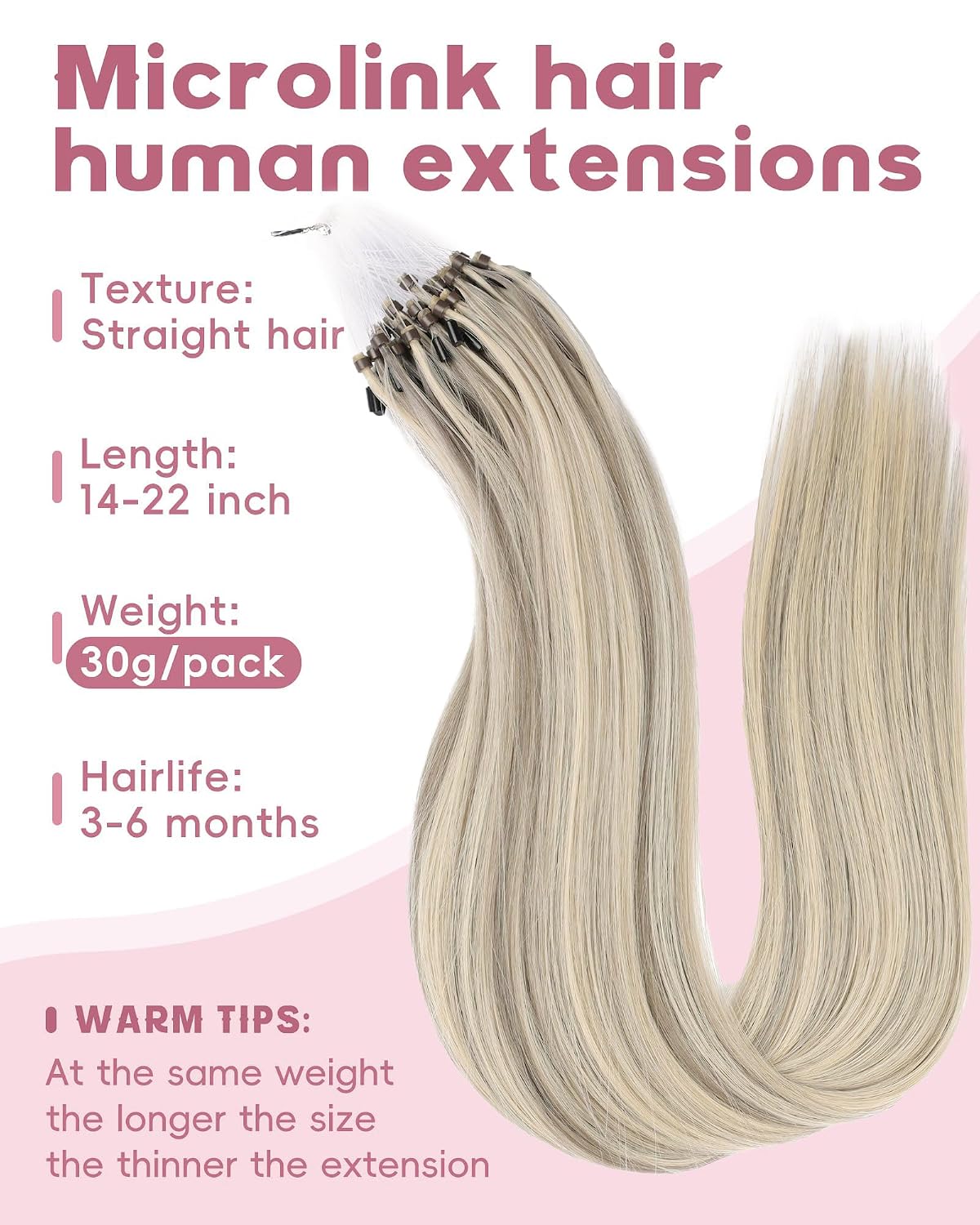 Microlink Hair Extensions Human Hair #16/60 Ash Blonde Highlighted Platinum Blonde 18 inch Smooth and Invisible Micro Loop Remy Hair 50g/pack Micro Link Microbead Human Hair Extensions