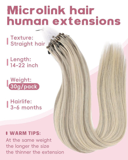Microlink Hair Extensions Human Hair #16/60 Ash Blonde Highlighted Platinum Blonde 18 inch Smooth and Invisible Micro Loop Remy Hair 50g/pack Micro Link Microbead Human Hair Extensions