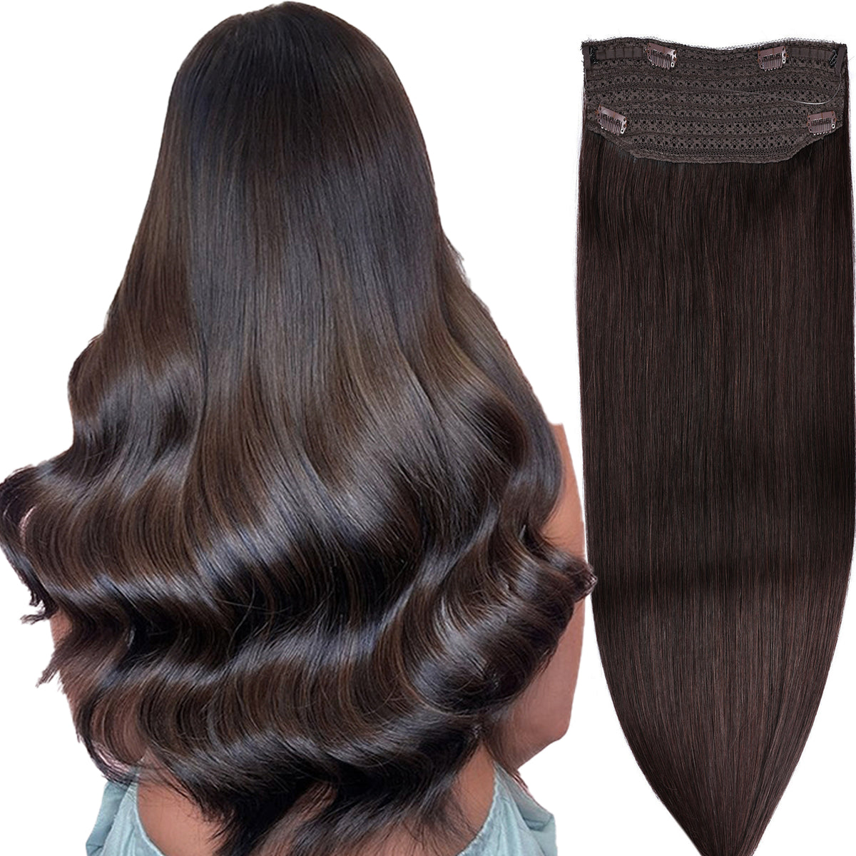 Wire Hair Extensions，DIYOMO Halo Hair Extensions Real Human Hair Dark Brown Hair Extensions Transparent Headband Adjustable Size Removable Secure，Hair Halo Extensions for Women,#2