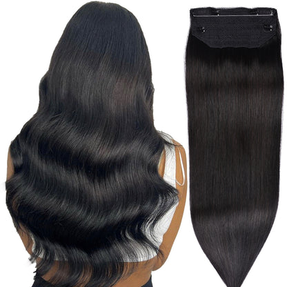 Wire Hair Extensions，DIYOMO Halo Hair Extensions Real Human Hair Black Hair Extensions Transparent Headband Adjustable Size Removable Secure，Hair Halo Extensions for Women,#1