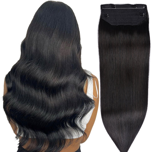Wire Hair Extensions，DIYOMO Halo Hair Extensions Real Human Hair Black Hair Extensions Transparent Headband Adjustable Size Removable Secure，Hair Halo Extensions for Women,#1