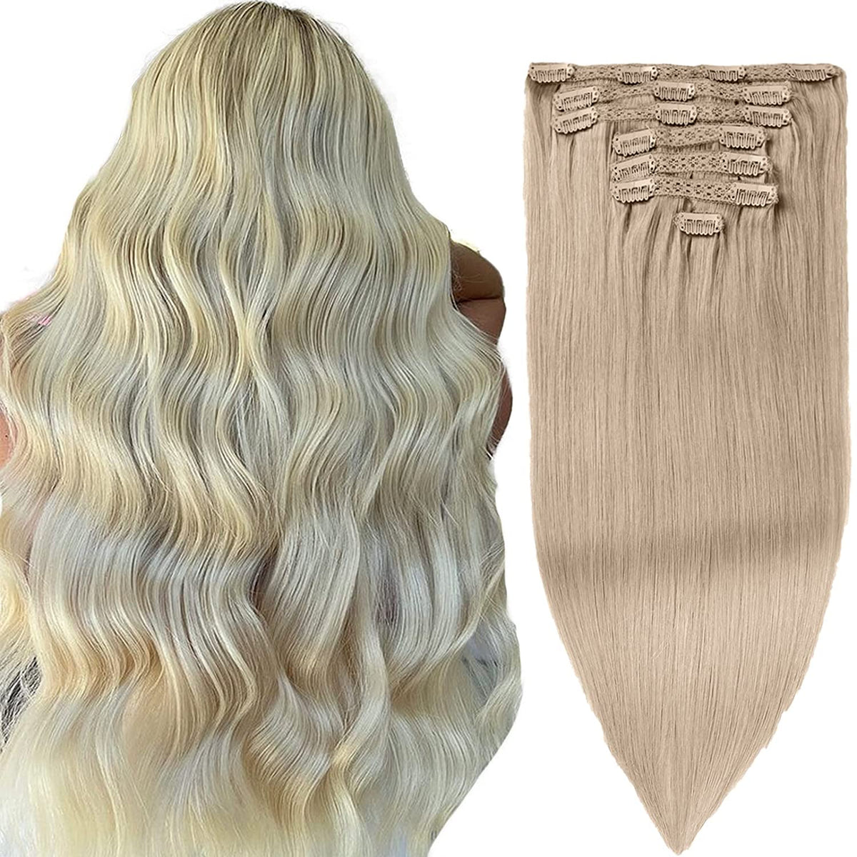 DIYOMO Bleach Blonde Clip in Hair Extensions Real Human Hair Remy Seamless Natural Straight Human Hair Clip ins Thick 120g 7pcs Clip In Hair Extensions Real Human Hair for Women,#60A