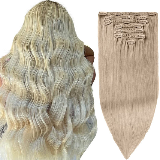 DIYOMO Bleach Blonde Clip in Hair Extensions Real Human Hair Remy Seamless Natural Straight Human Hair Clip ins Thick 120g 7pcs Clip In Hair Extensions Real Human Hair for Women,#60A