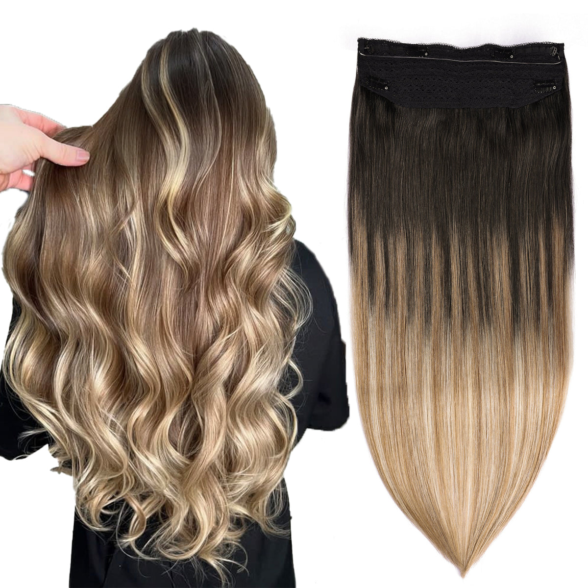 Wire Hair Extensions,DIYOMO Halo Hair Extensions Real Human Hair Hair Extensions Transparent Headband Adjustable Size Removable Secure，Hair Halo Extensions for Women,#1B/4/27