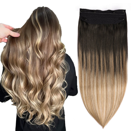 Wire Hair Extensions,DIYOMO Halo Hair Extensions Real Human Hair Hair Extensions Transparent Headband Adjustable Size Removable Secure，Hair Halo Extensions for Women,#1B/4/27