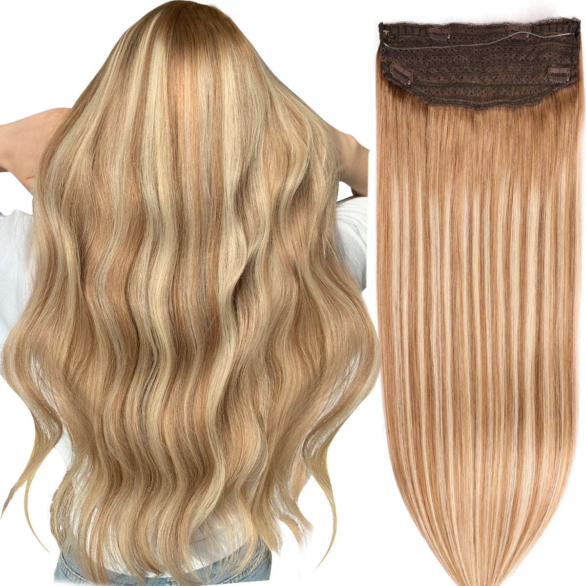 Wire Hair Extensions,DIYOMO Halo Hair Extensions Real Human Hair Hair Extensions Transparent Headband Adjustable Size Removable Secure，Hair Halo Extensions for Women,#P9/T9/613