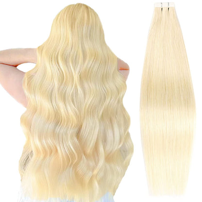 DIYOMO Tape in Hair Extensions Human Hair,#60 Platinum Blonde Hair Extensions Handcrafted Soft & Smooth Remy Hair Extensions for Women,2.5g/Pcs 50g/Pack,#60