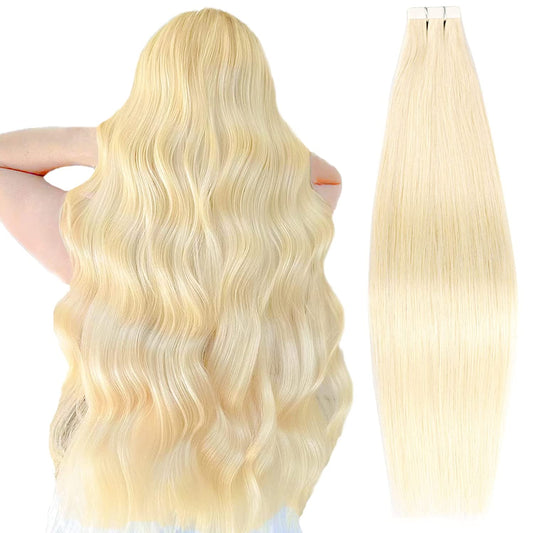 DIYOMO Tape in Hair Extensions Human Hair,#60 Platinum Blonde Hair Extensions Handcrafted Soft & Smooth Remy Hair Extensions for Women,2.5g/Pcs 50g/Pack,#60