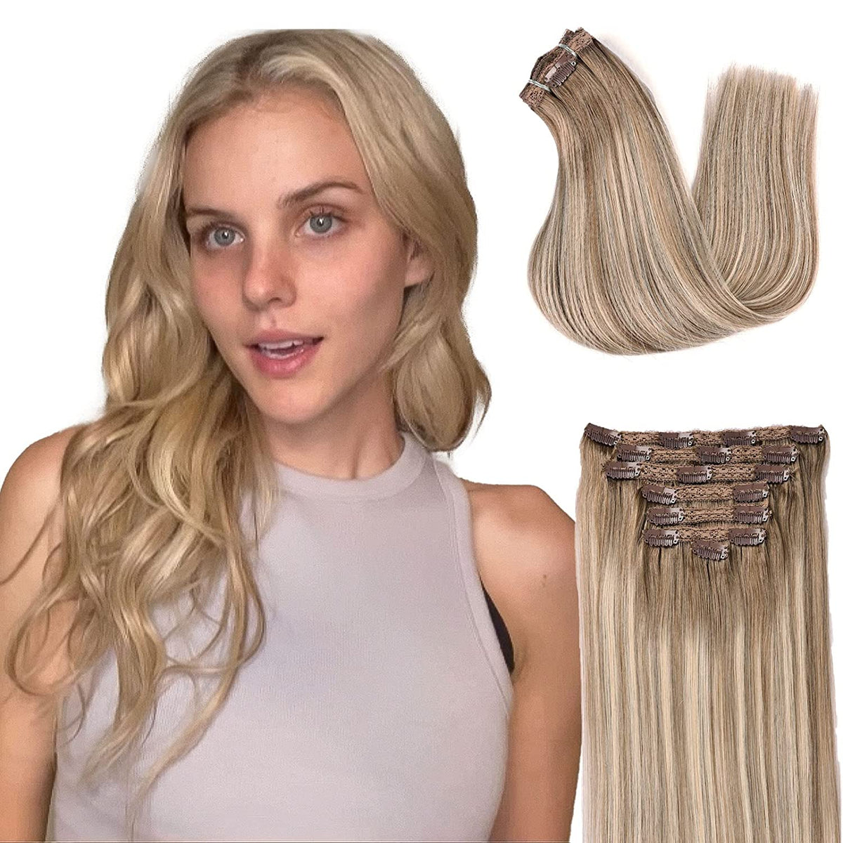 DIYOMO Clip in Hair Extensions Real Human Hair Golden Brown & Bleach Blonde Mixed Bleach Blonde with Light Brown Remy Seamless Clip ins Thick 120g 7pcs Clip on Hair Extensions Clip in Human Hair for Women #P9/T9/613