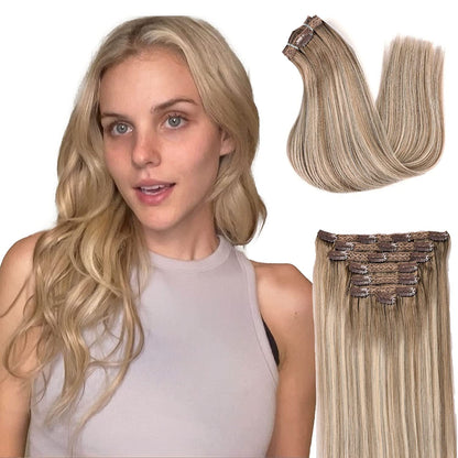 DIYOMO Clip in Hair Extensions Real Human Hair Golden Brown & Bleach Blonde Mixed Bleach Blonde with Light Brown Remy Seamless Clip ins Thick 120g 7pcs Clip on Hair Extensions Clip in Human Hair for Women #P9/T9/613