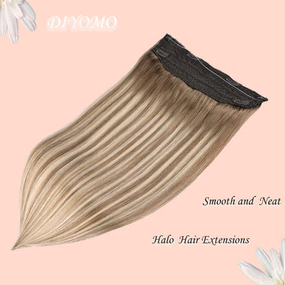 Wire Hair Extensions,DIYOMO Halo Hair Extensions Real Human Hair Hair Extensions Transparent Headband Adjustable Size Removable Secure，Hair Halo Extensions for Women,#P9/T9/613