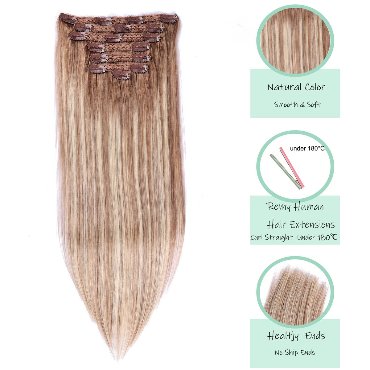 DIYOMO Clip in Hair Extensions Real Human Hair Golden Brown & Bleach Blonde Mixed Bleach Blonde with Light Brown Remy Seamless Clip ins Thick 120g 7pcs Clip on Hair Extensions Clip in Human Hair for Women #P9/T9/613