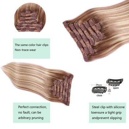 DIYOMO Clip in Hair Extensions Real Human Hair Golden Brown & Bleach Blonde Mixed Bleach Blonde with Light Brown Remy Seamless Clip ins Thick 120g 7pcs Clip on Hair Extensions Clip in Human Hair for Women #P9/T9/613