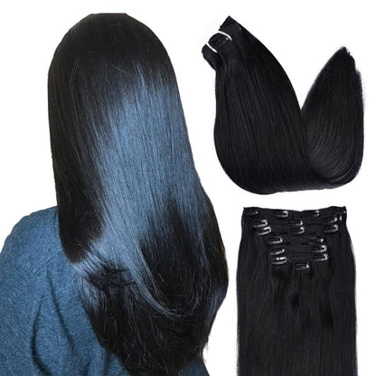 DIYOMO Clip in Hair Extensions Real Human Hair Soft & Natural Jet black Remy Seamless Clip ins 120g 7pcs Clip on Hair Extensions Clip in Human Hair for Women,#1