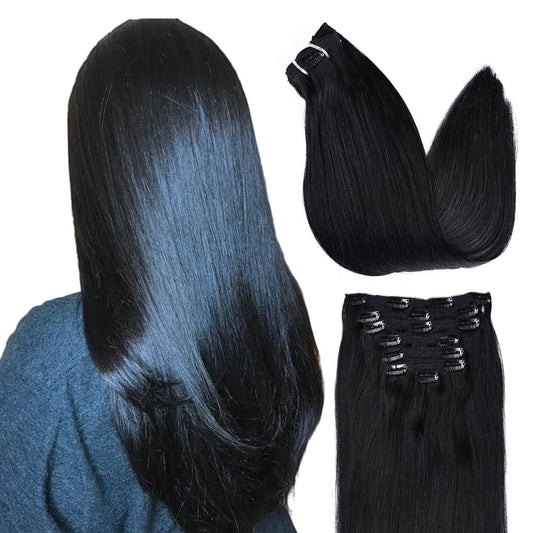 DIYOMO Clip in Hair Extensions Real Human Hair Soft & Natural Jet black Remy Seamless Clip ins 120g 7pcs Clip on Hair Extensions Clip in Human Hair for Women,#1