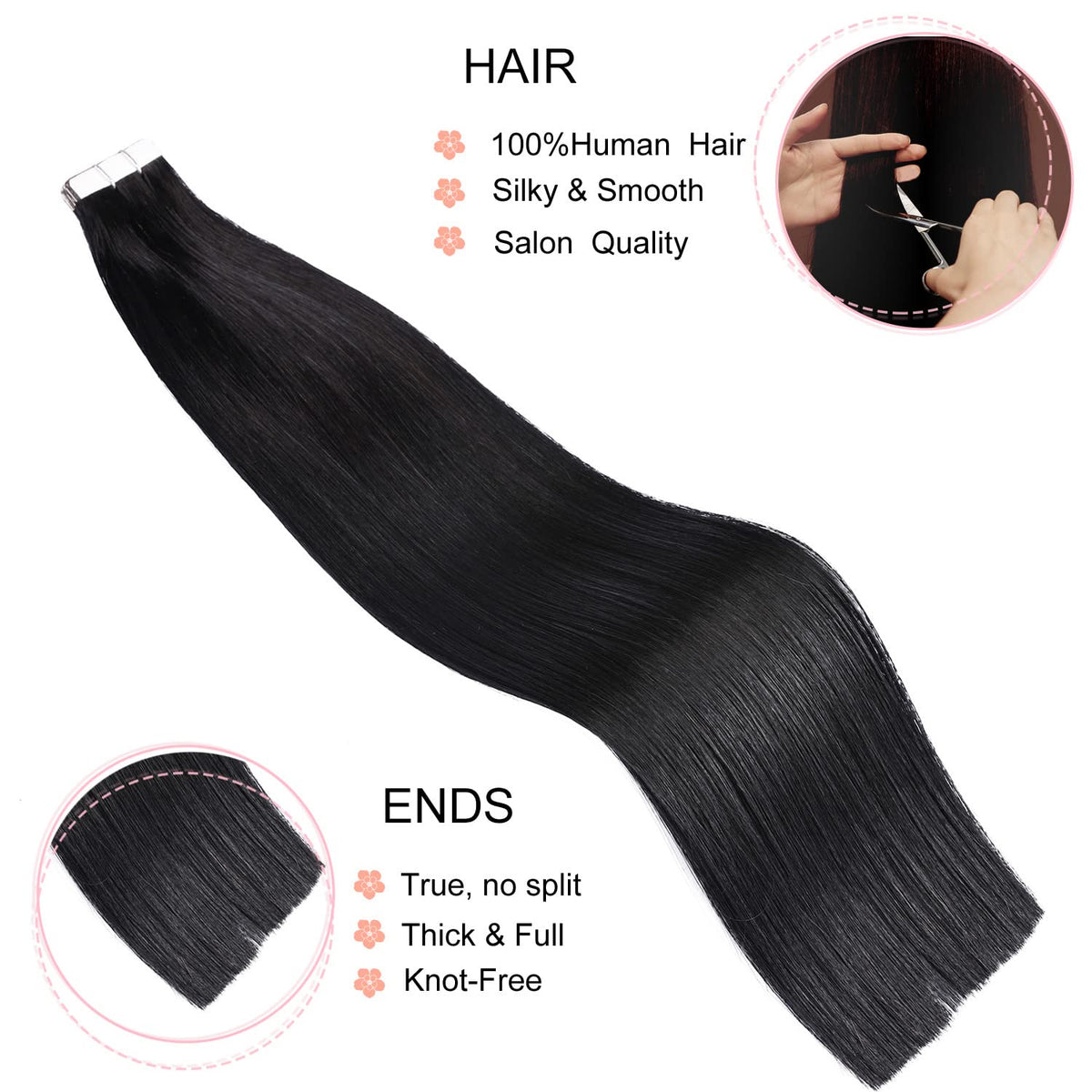DIYOMO Tape in Hair Extensions Human Hair,#1 Jet Black Hair Extensions Handcrafted Soft & Smooth Remy Hair Extensions for Women,2.5g/Pcs 50g/Pack,#1B