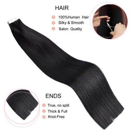 DIYOMO Tape in Hair Extensions Human Hair,#1 Jet Black Hair Extensions Handcrafted Soft & Smooth Remy Hair Extensions for Women,2.5g/Pcs 50g/Pack,#1B