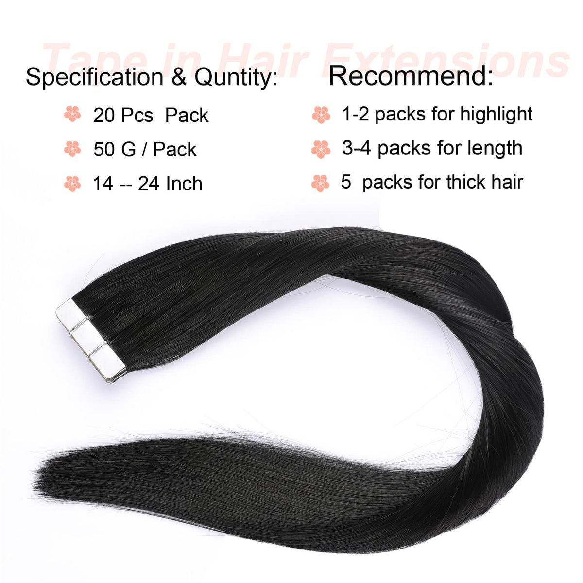 DIYOMO Tape in Hair Extensions Human Hair,#1 Jet Black Hair Extensions Handcrafted Soft & Smooth Remy Hair Extensions for Women,2.5g/Pcs 50g/Pack,#1B