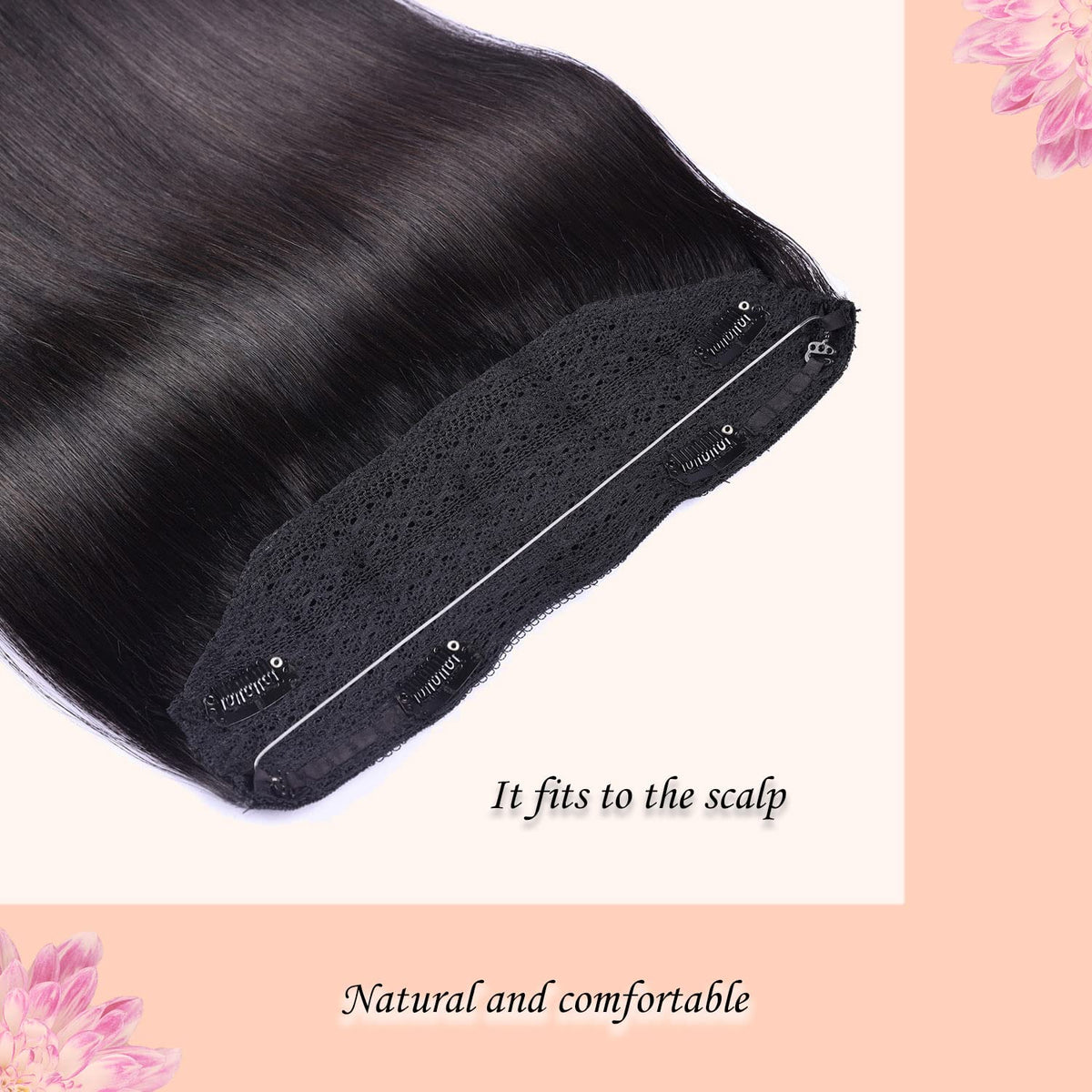 Wire Hair Extensions，DIYOMO Halo Hair Extensions Real Human Hair Black Hair Extensions Transparent Headband Adjustable Size Removable Secure，Hair Halo Extensions for Women,#1
