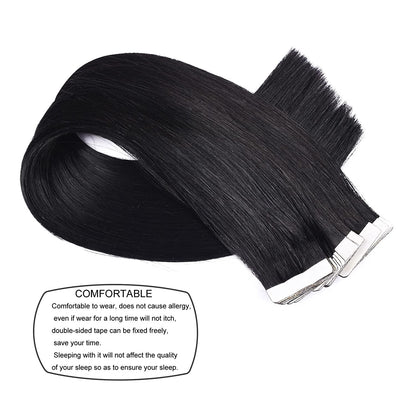 DIYOMO Tape in Hair Extensions Human Hair,#1 Jet Black Hair Extensions Handcrafted Soft & Smooth Remy Hair Extensions for Women,2.5g/Pcs 50g/Pack,#1B